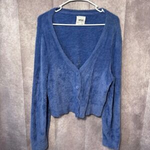 Aerie Women's Large Blue Fuzzy Eyelash Knit Button Front Cardigan Sweater